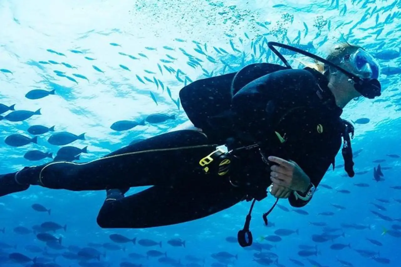 Female scuba diver gliding through large school of fish in crystal-clear waters at Layang Layang dive site, Borneo.